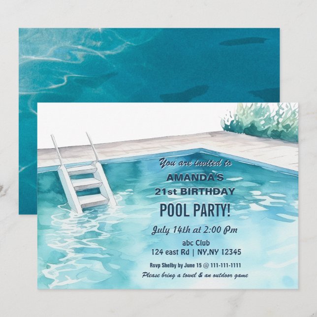 Rustic Summer Swimming Pool Party Birthday  Invite Einladung (Vorne/Hinten)