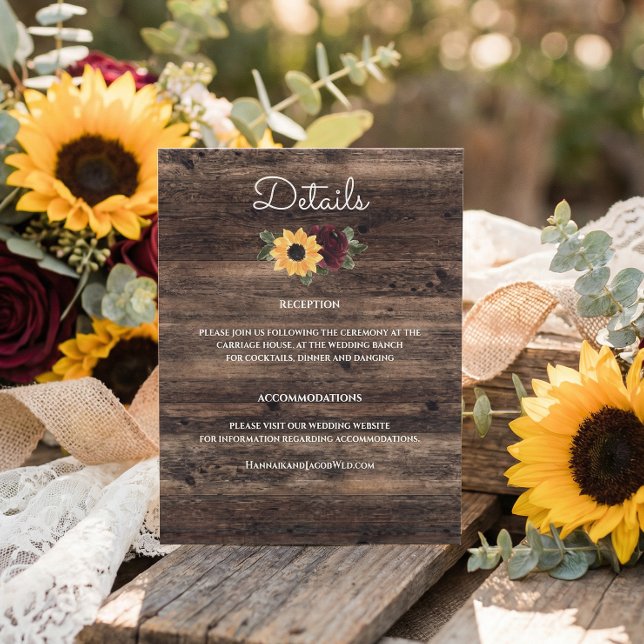 Rustic Sunflower and Roses Wedding Details Begleitkarte (Von Creator hochgeladen)
