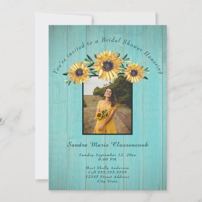 Rustic Sunflower Aqua Wood Wedding Brautparty I Einladung (Vorderseite)