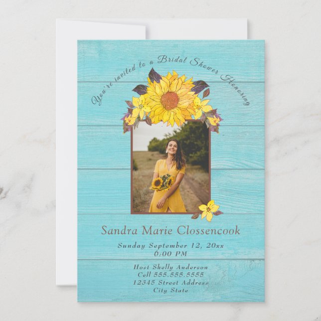 Rustic Sunflower Aqua Wood Wedding Brautparty I Einladung (Vorderseite)