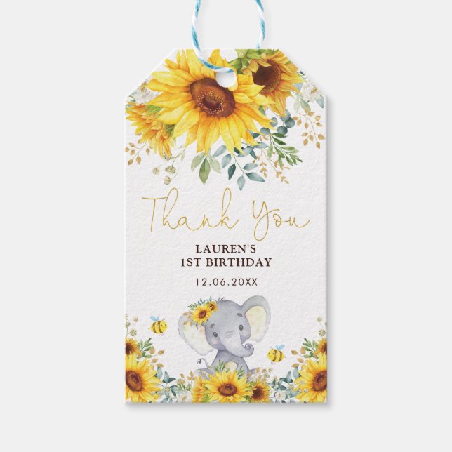 Rustic Sunflower Baby Elephant Wild One Birthday Geschenkanhänger (Vorderseite)