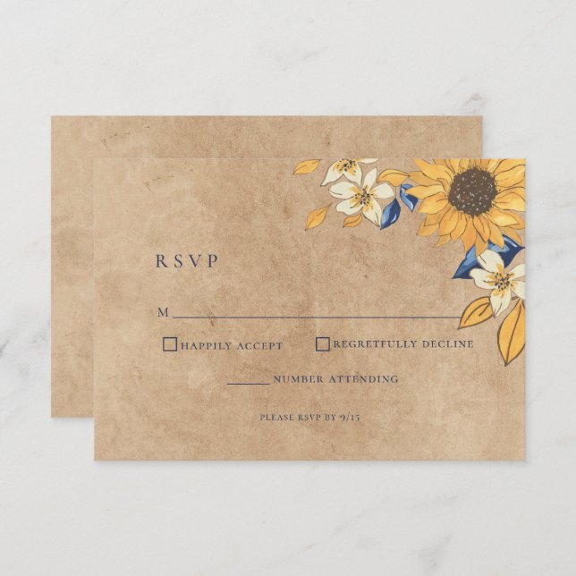 Rustic Sunflower Blue Yellow Wedding RSVP Card (Vorne/Hinten)