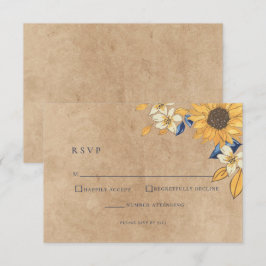 Rustic Sunflower Blue Yellow Wedding RSVP Card Karte