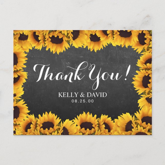Rustic Sunflower Chalkboard Hochzeit Vielen Dank Postkarte (Vorderseite)