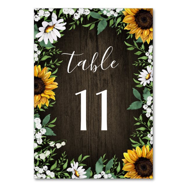 Rustic Sunflower Daisy Wedding Tischnummer Cards (Vorderseite)