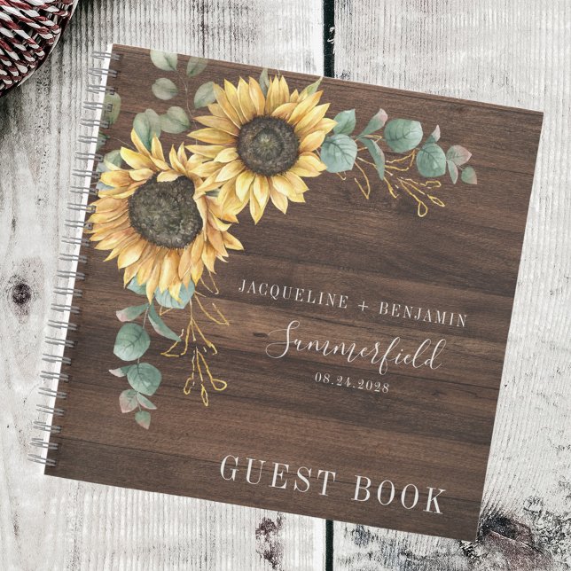 Rustic Sunflower Eucalyptus Wedding Guest Book Notizbuch (Wood Background Sunflower Eucalyptus Floral Wedding Guestbook)