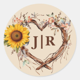 Rustic Sunflower Heart Monogram Wedding Runder Aufkleber