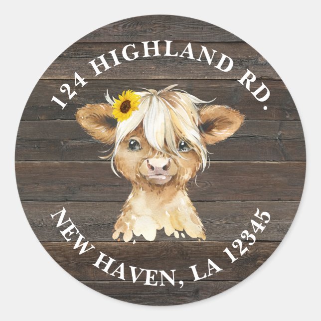 Rustic Sunflower Highland Cow Baby Showadresse Runder Aufkleber (Vorderseite)