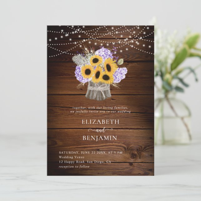 Rustic Sunflower Hydrangea Wood Floral Wedding Einladung (Stehend Vorderseite)