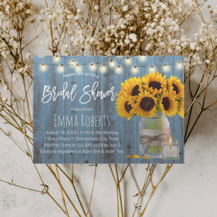 Rustic Sunflower Jar Dusty Blue Wood Brautparty Einladung