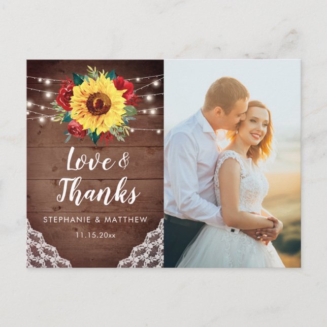 Rustic Sunflower Lace Wedding Foto Vielen Dank Postkarte (Vorderseite)