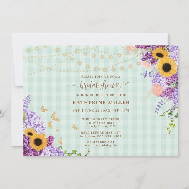 Rustic Sunflower Lilac Green Gingham Brautparty Einladung (Vorderseite)