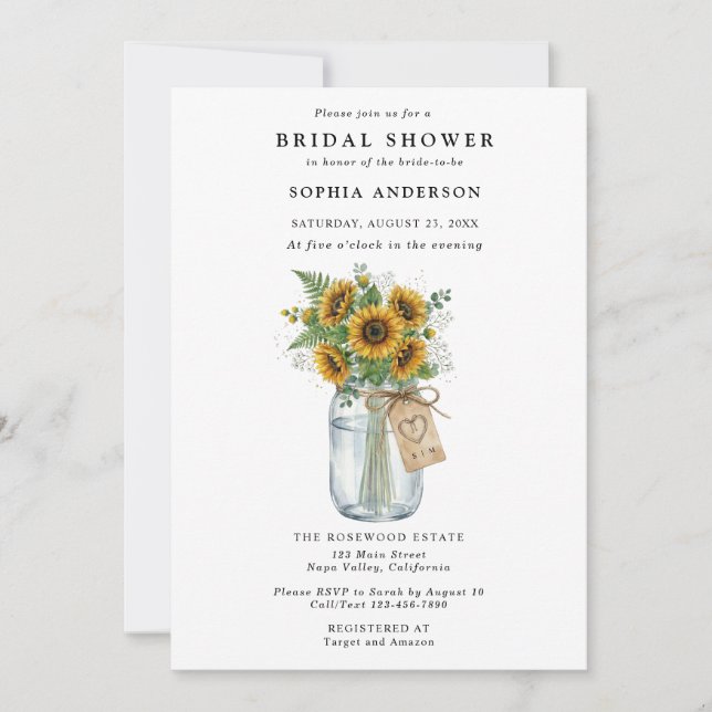 Rustic Sunflower Mason Jar Bridal Shower Einladung (Vorderseite)
