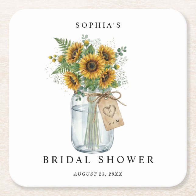 Rustic Sunflower Mason Jar Bridal Shower Square  Rechteckiger Pappuntersetzer (Vorderseite)