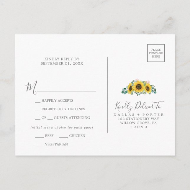 Rustic Sunflower Menü Auswahl Hochzeit RSVP Postka Einladungspostkarte (Rückseite)