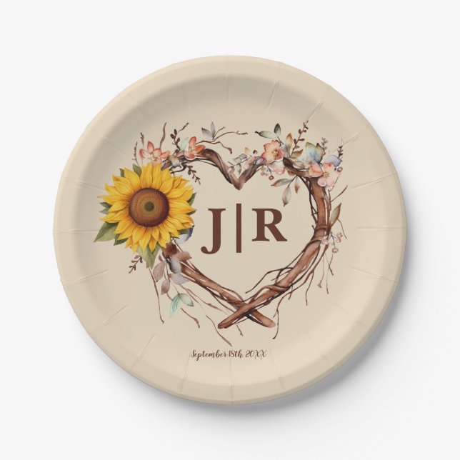 Rustic Sunflower Monogram Wedding Heart Branch Pla Pappteller (Vorderseite)