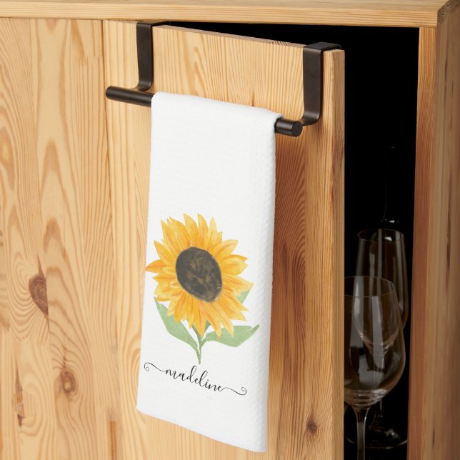 Rustic Sunflower Personalized Name Script Geschirrtuch (Drittel gefaltet)