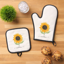 Rustic Sunflower Personalized Name Script Ofenhandschuh & Topflappen-Set