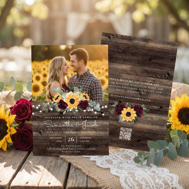 Rustic Sunflower QR Code RSVP Wedding Einladung (Von Creator hochgeladen)