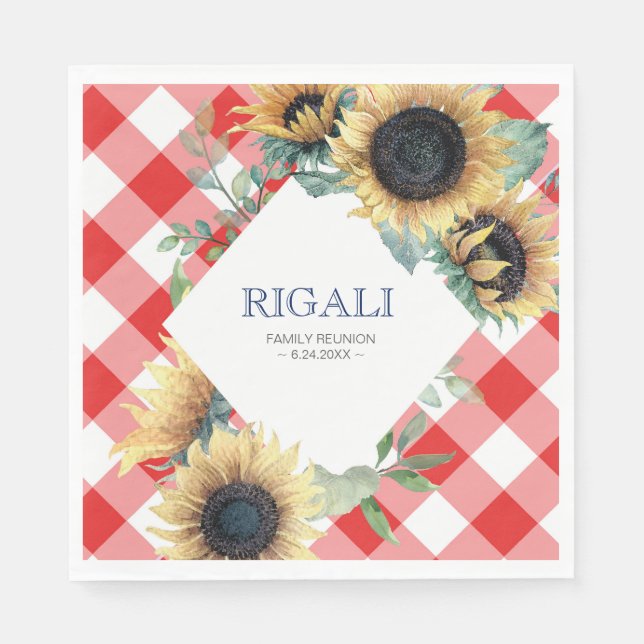 Rustic Sunflower Red Gingham Family Wiedersehen Serviette (Vorderseite)