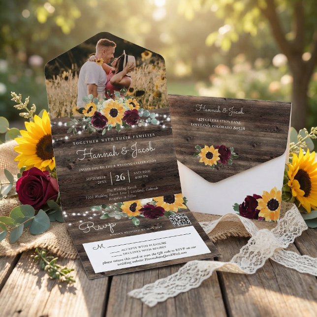 Rustic Sunflower Roses Photo QR Code Wedding All In One Einladung (Von Creator hochgeladen)