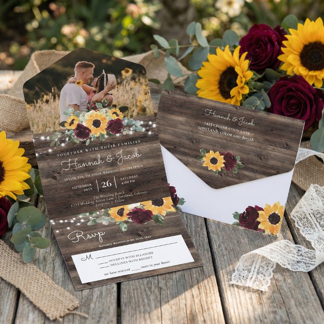 Rustic Sunflower Roses Wedding All In One Einladung (Von Creator hochgeladen)