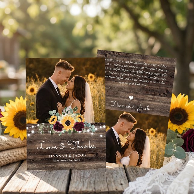 Rustic Sunflower Roses Wedding Dankeskarte (Von Creator hochgeladen)