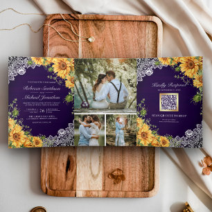 Rustic Sunflower Royal Lila Wood QR Code Hochzeit Dreifach Gefaltete Einladung
