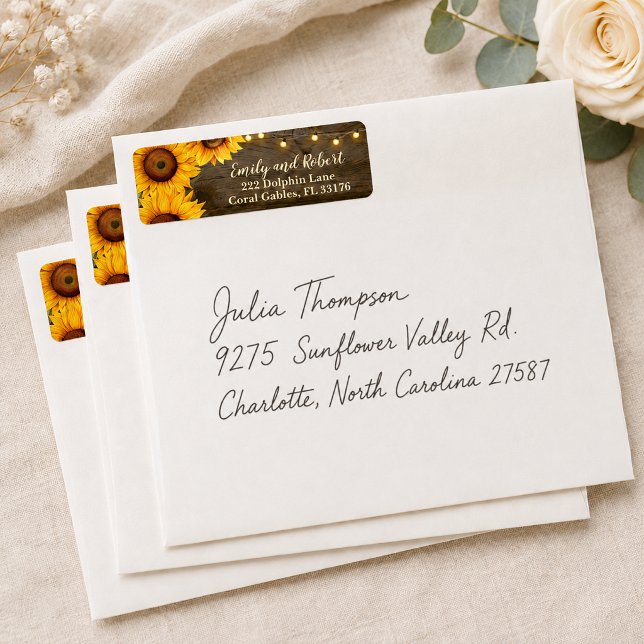 Rustic Sunflower String Lights Hochzeitadresse (Rustic Sunflower Wedding Envelope return address label)