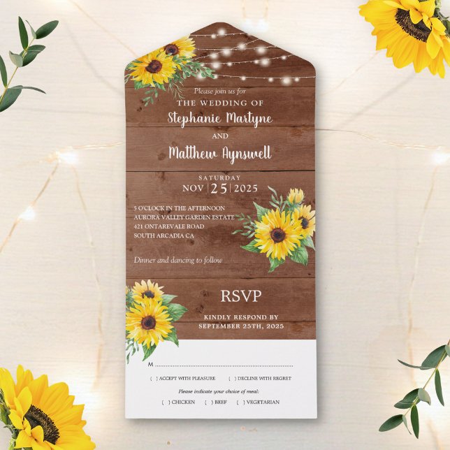 Rustic Sunflower String Lights Wood Wedding All In One Einladung (Von Creator hochgeladen)