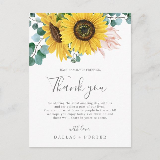 Rustic Sunflower Thank You Wedding Reception Card Postkarte (Vorderseite)