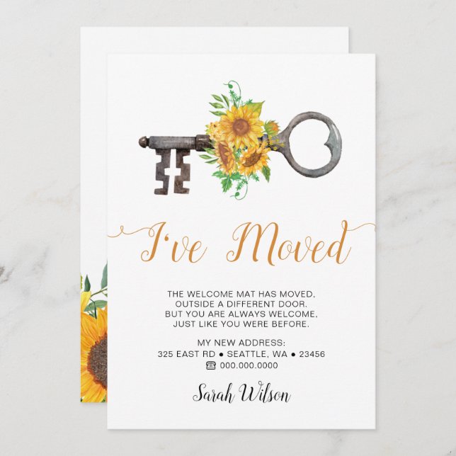 Rustic Sunflower Vintag Key Ich habe verschoben Ankündigung (Vorne/Hinten)