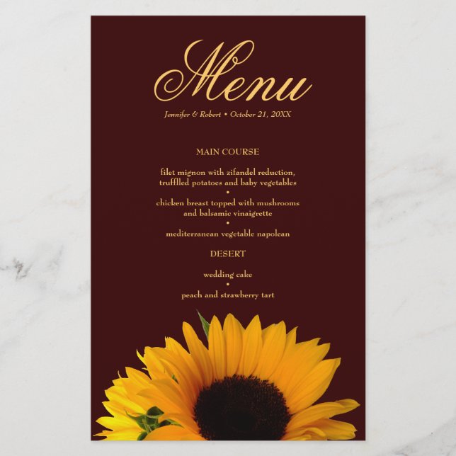 Rustic Sunflower Wedding Dinner Menü Karte (Vorderseite)
