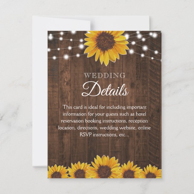 Rustic Sunflower Wedding Guest Details Karte (Vorderseite)