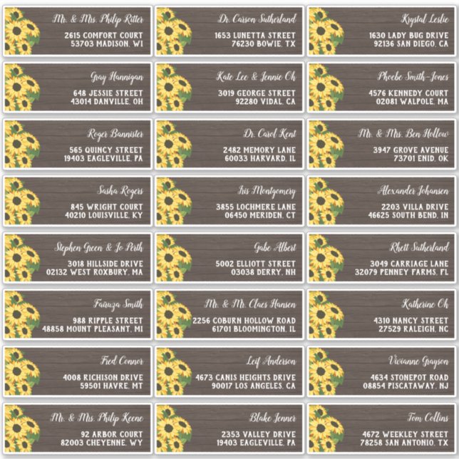Rustic Sunflower Wood 24 Wedding Guest Address Aufkleber (Vorderseite)