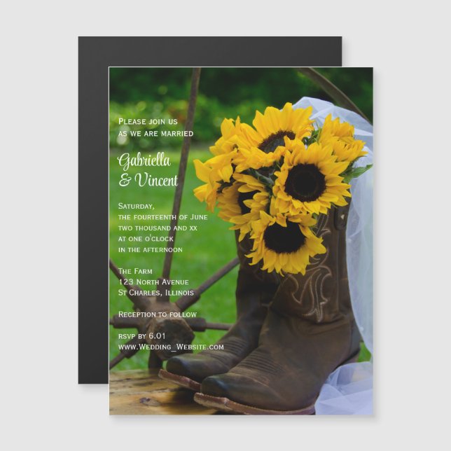 Rustic Sunflowers and Cowboy Boots Western Wedding Magneteinladung (Vorne/Hinten)