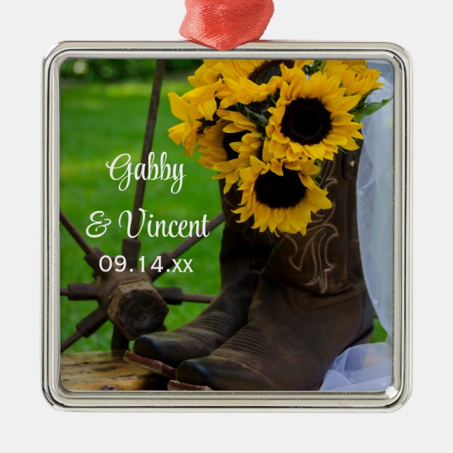 Rustic Sunflowers and Cowboy Boots Western Wedding Silbernes Ornament (Vorne)