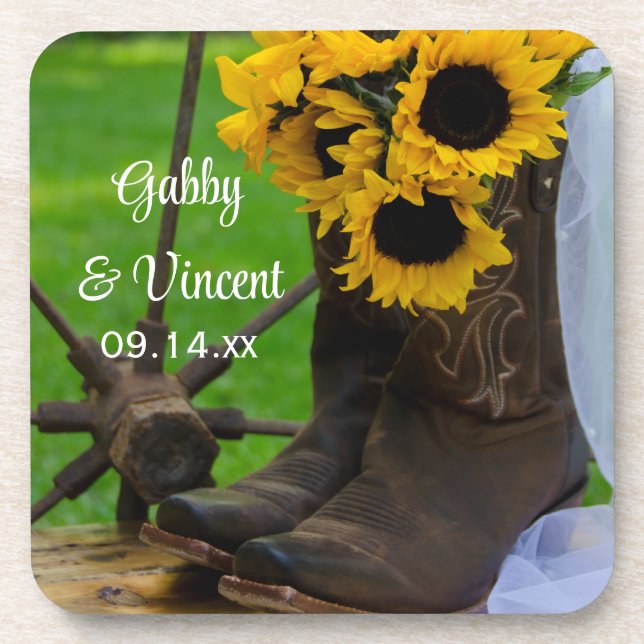 Rustic Sunflowers and Cowboy Boots Western Wedding Untersetzer (Vorderseite)