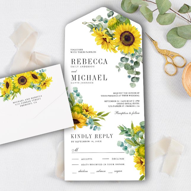 Rustic Sunflowers and Eucalyptus Branch Wedding All In One Einladung (Von Creator hochgeladen)