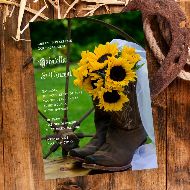 Rustic Sunflowers Boots Western Engagement Party Einladung (Von Creator hochgeladen)