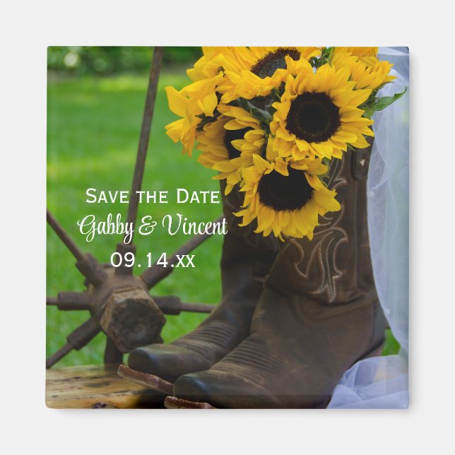 Rustic Sunflowers Cowboy Boots Save the Date Magnet (Vorne)