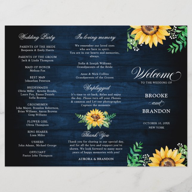Rustic Sunflowers Gipskraut Hochzeitsprogramm (Vorderseite)