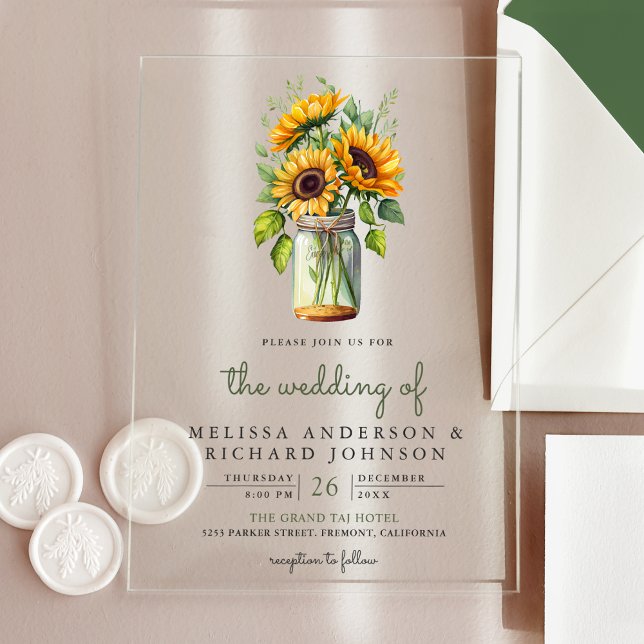 Rustic Sunflowers Mason Jar Wedding Acryleinladungen (Von Creator hochgeladen)