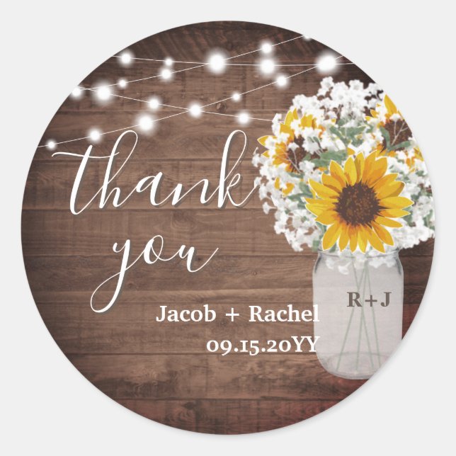 Rustic Sunflowers Mason Jar Wedding Vielen Dank Runder Aufkleber (Vorderseite)