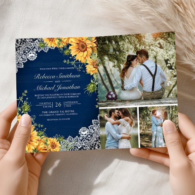 Rustic Sunflowers Navy Blue Wood QR Code Wedding Einladung (Von Creator hochgeladen)