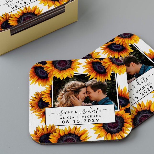 Rustic sunflowers photo wedding save the date rechteckiger pappuntersetzer (Von Creator hochgeladen)
