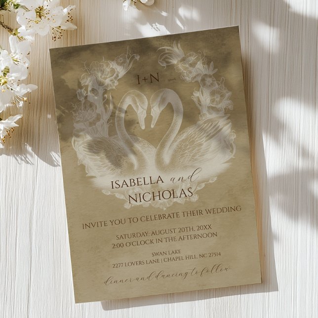 Rustic Swan Monogram Wedite Einladung (Romantic Wedding Invite)
