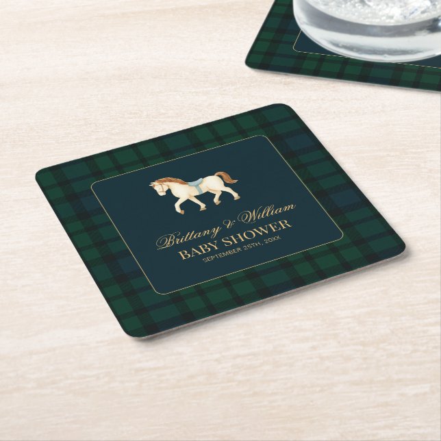 Rustic Tartan Plaid Horse Baby Shower  Rechteckiger Pappuntersetzer (angewinkelt)