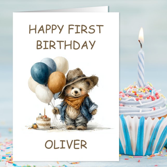 Rustic Teddy Bear 1st Birthday Karte (Von Creator hochgeladen)