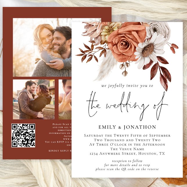 Rustic Terracotta Fall Florals 3 Fotos QR Hochzeit Einladung (Available digitally or printed)